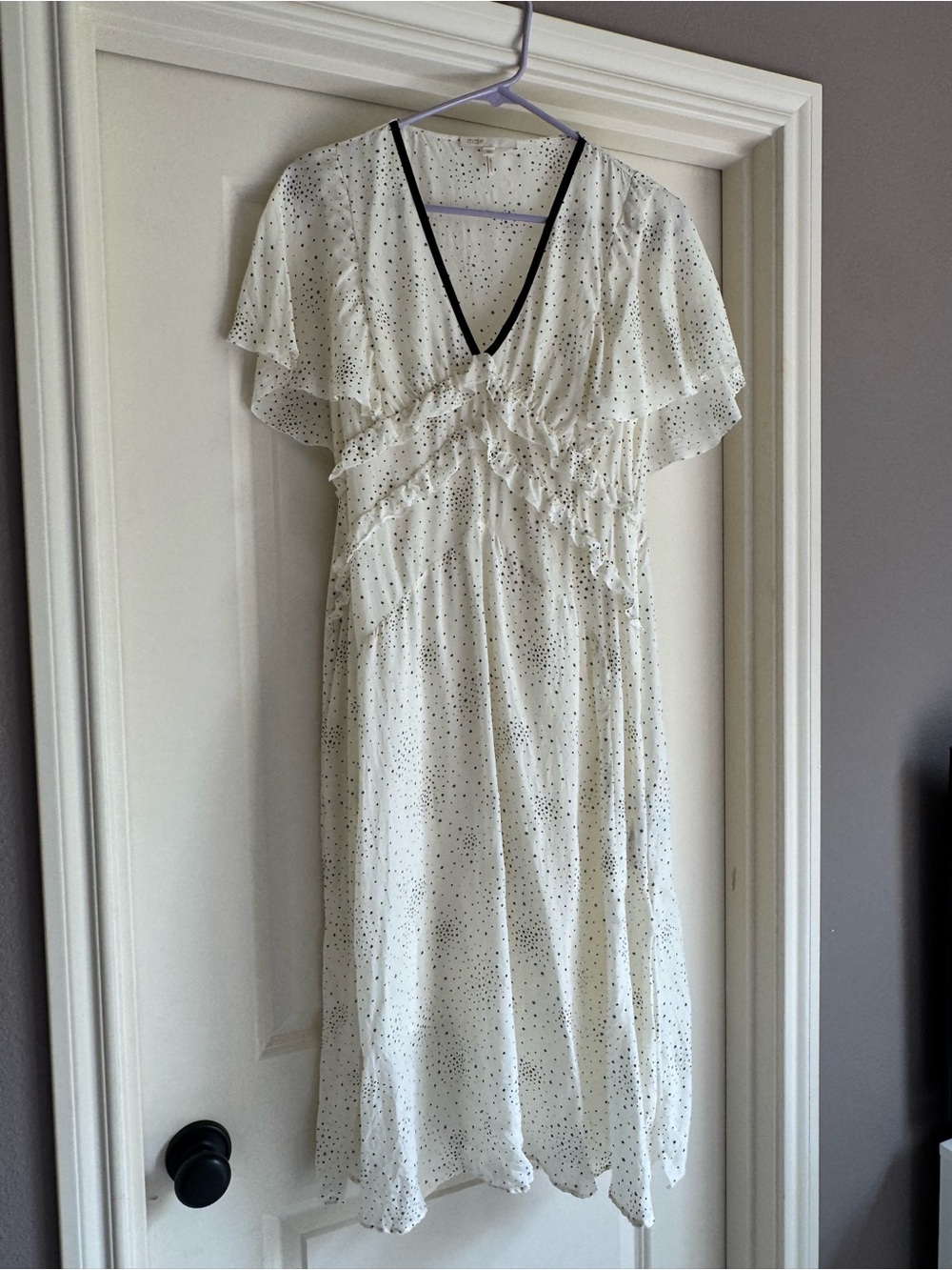 Maje White Midi Dress with Black star Print and V-Neck Trim